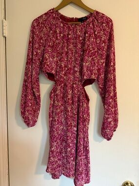 Aqua Pink Floral Long Sleeve Cutout Dress